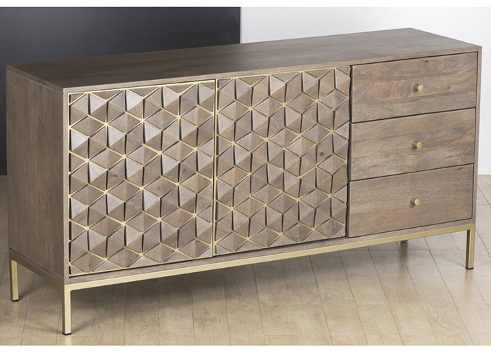 Elyse Grey Stained Mango Wood 2 Door 3 Drawer Sideboard - Click Image to Close